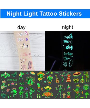 Mocossmy Mexican Glow in the Dark Temporary Tattoos for Kids - 10 Sheets of Cartoon Cactus, Pepper, and Skull Designs - Luminous Fake Face and Body Tattoo Stickers for Cinco de Mayo Fiesta - Party Favor Supplies - Buy Online on GoSupps.com