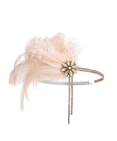 Sweetv 1920s Flapper Headband - Rhinestone Pearl Feather Hair Band | Great Gatsby Accessories in Champagne - Buy Online on GoSupps.com