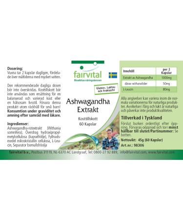 Fairvital | Ashwagandha 500mg - VEGAN - 180 g lules (60 x 3) - Ginseng Indien - extrait d' Ashwagandha extra fort standardis 5% de withanolides - Buy Online on GoSupps.com