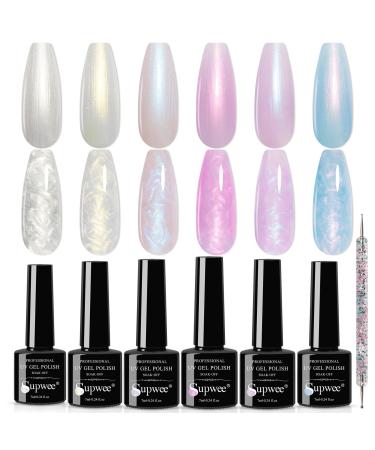 SUPWEE Pearl Gel Nail Polish Shimmer Mermaid Gel Polish White Pink Purple Blue Glitter Nail Polish Nail Gel Set Shell Swirl Thread Effect Soak Off UV Gel for Salon Home Manicure 6 Colors LW134