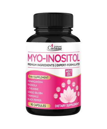 Organic Cadane Myo Inositol & Ashwagandha Capsules with Rhodiola L-Theanine Ginkgo Biloba and More | Supports Body Balance & Digestive | Vegan Non-GMO - 90 Capsules