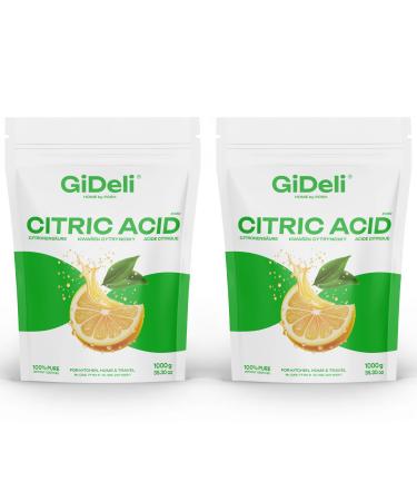 GiDeli GiDeli Food Grade Citric Acid Powder Monohydrate 2 x 1kg Pure E330 Crystals Cleaning Grade Unsweetened Acidifying Descaler in