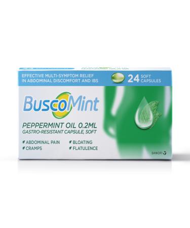 Buscomint 0.2 ml Peppermint Oil IBS Multi Symptom Treatment Soft Gel Capsules 24 Count (Pack of 1) 100% Natural Active Ingredient Preservatives Free