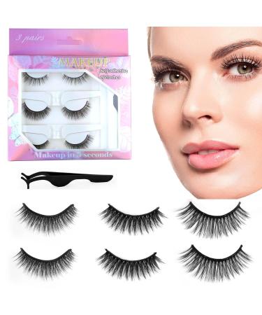 3 Pairs Reusable Self Adhesive Eyelashes No Eyeliner or Glue Needed Stable False Lashes Natural Look False Eyelashes with Tweezers for Women Girls Gift 3 Styles