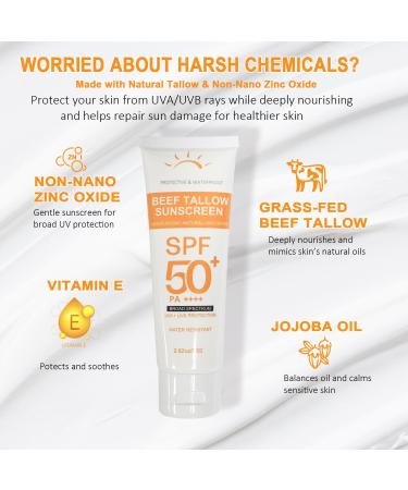 Beef Tallow Sunscreen with Zinc Oxide: Mineral Sunscreen SPF 50 Organic Natural Sun screen-Non Greasy Formula No White Cast Beef Tallow Sunblock for Sensitive Skin- Water-Resistant-2.82 oz (80g) - Buy Online on GoSupps.com