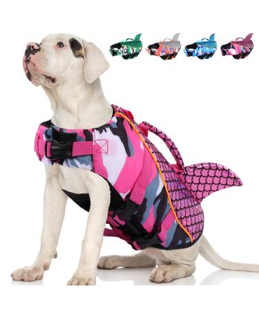MIGOHI Dog Life Jacket, Shark Fin Dog Life Vest with Rescue Handle & Buoyancy, Reflective Camo Dog Life Preserver Dog Swimsuit for Swimming Boating, Pet Safety Lifesaver for Small Medium Large Dogs Small Pink
