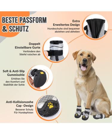 Slowton Dog Shoes - Breathable Non-Slip Paw Protection for Small Medium & Large Dogs - Adjustable Reflective Velcro - 4 Pieces (Size 4: Width 5.5 cm) - C.Schwarz-Gray - Buy Online on GoSupps.com