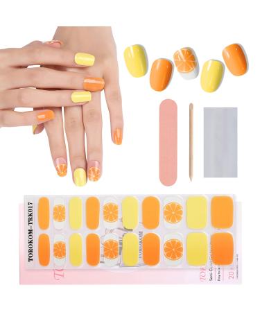 Semi Cured Gel Nail Strips, TOROKOM 20 Stickers Orange Yellow Gel Nail Polish Stickers Wraps Adhesive Gel Nail Stickers with Nail File Stick and Sealing Strip (UV/LED Lamp Required)
