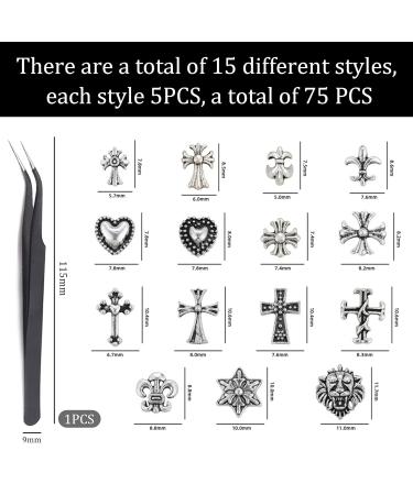 Nayyana 75 Pieces 3D Cross Nail Charms - Vintage Gothic Retro Punk Designs | Chrome & Silver Mix for Stunning Nail Art - Buy Online on GoSupps.com