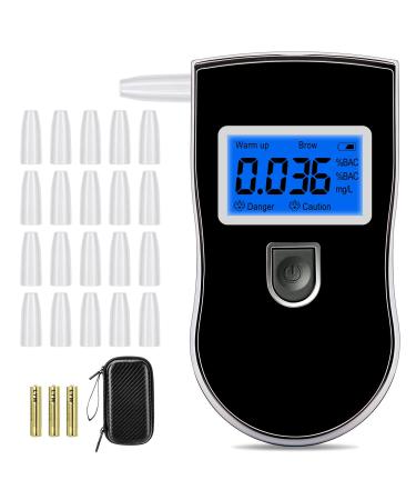 Alcohol Breathalyzer  Professional Grade Accuracy Alcohol Breath Tester for BAC Testing  Portable Blood Alcohol Tester with 20 Mouthpieces & Digital Blue LCD Display for Personal Home Use Black
