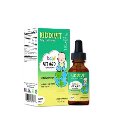 Kiddivit Baby Vitamin A&D Liquid Drops with Vitamin E - 60 Daily Servings 2 Fl Oz (60 mL) - Dropper Included Glass Bottle - Sugar Free Gluten Free Vegetarian Friendly