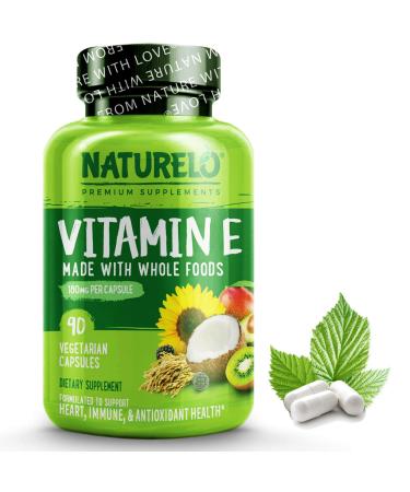 NATURELO Vitamin E - 180 mg (300 IU) of Natural Mixed Tocopherols from Organic Whole Foods - Supplement for Healthy Skin, Hair, Nails, Immune & Eye Health - Non-GMO, Soy Free - 90 Vegan Capsules 90 Count (Pack of 1)