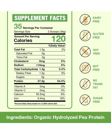 Organic 100% Pea Protein Powder - 27g Protein/Serving, Vegetarian, Gluten-Free, Non-GMO - 2.62lbs - Buy Online on GoSupps.com