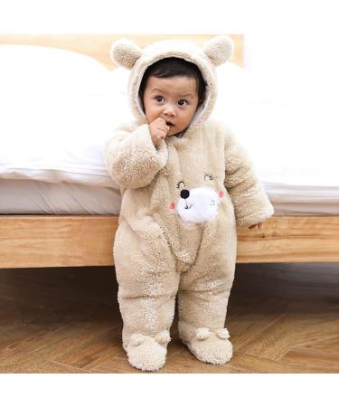 Borlai Baby Winter Snowsuit Romper | Fleece Hooded Onesie for Girls Boys | Warm Jumpsuit Outfit | Khaki 9-12 Months - Buy Online on GoSupps.com