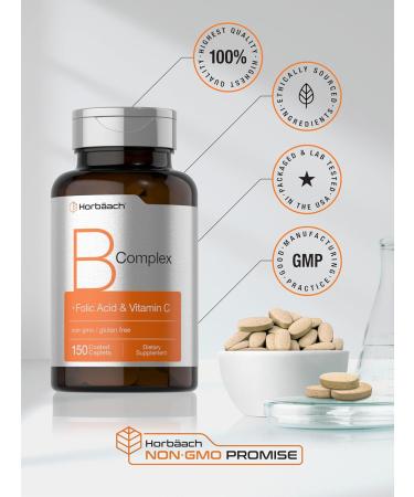 Horbaach B Complex Vitamins for Women and Men | 150 Caplets | with Folic Acid & Vitamin C | Non-GMO & Gluten Free Supplement - Buy Online on GoSupps.com
