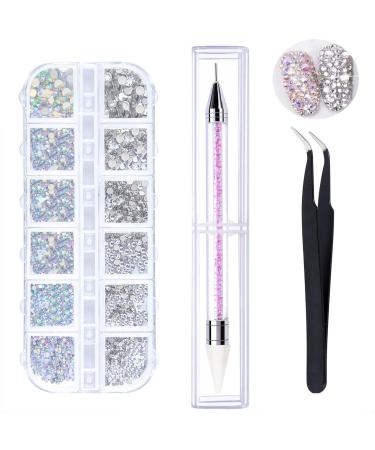 LATERN 1500 Pieces AB Crystal Nail Art Rhinestones and Clear Crystal Rhinestones 6 Sizes (1.5-3.8 mm) with Pick Up Tweezer Rhinestone Picker Dotting Pen