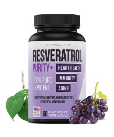 Trans-Resveratrol Highly Purified & Bioavailable Antioxidant Supplement for Unique SIRT1 Activation - Promote Cellular Repair, Longevity, Brain, Heart, DNA - 60 Capsules