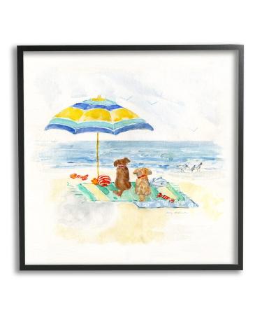 Stupell Industries Cute Playful Dogs Relaxing Beach Umbrella Shoreline Painting,Design by Sally Swatland Blue 12 x 12