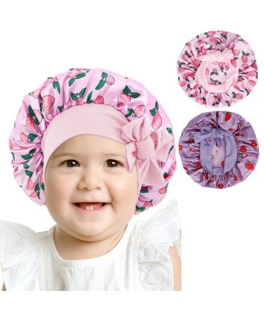 Arqumi Pack of 2 Satin Sleeping Bonnet for Kids Soft Satin Bonnet with Elastic Strap Adjustable Sleep Cap Hair Bonnet for Children Pattern Pink+Purple