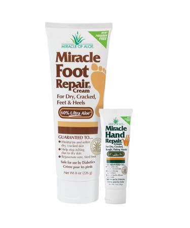 Miracle Foot Repair Cream 8 oz + 1 oz Miracle Hand Repair Healing Aloe Vera Lotions for Dry Cracked Hands and Feet Diabetic-Safe Moisturizes Softens and Repairs