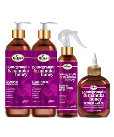 Difeel Pomegranate & Manuka Honey Shampoo & Conditioner 4-PC Set - Includes 33.8oz Shampoo 33.8oz Conditioner 8oz Leave in Spray and 7.1oz Hair Oil