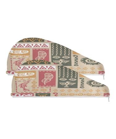 Tribal Ethnic Drawing Dry Hair Cap 2 Piece Quick Drying Towel Set with Button Headband Super Absorbent Soft & Comfortable
