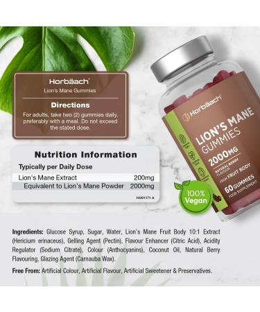 Lions Mane Gummies 2000mg | High Strength Lions Mane Supplement | Mushroom Extract | Natural Berry Flavour | 60 Vegan Gummies | by Horbaach - Buy Online on GoSupps.com