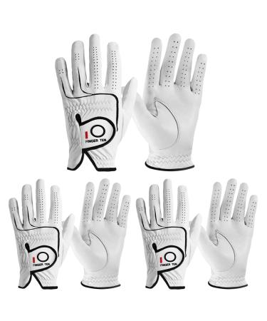 FINGER TEN Mens All Premium Soft Cabretta Leather Tour Fit Grip Left Hand Lh Right Hand Rh with Cadet Size Golf Gloves Value 3 Pack Size from Small to XXL Medium Cadet Size-Worn on Left Hand