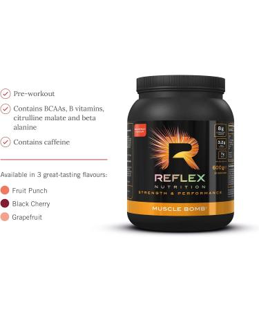 Reflex Nutrition Muscle Bomb With Caffeine Ultimate PRE-WORKOUT POWDER 7g BCAA's 2g L-Carnitine 3.2g Beta-Alanine 1g Taurine (Pink Grapefruit) (600g) - Buy Online on GoSupps.com
