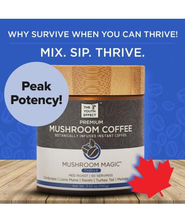 The Youth Effect Canadian mushroom coffee with 6 superfood mushrooms organic cordyceps lions mane red reishi turkey tail maitake and chaga mushrooms! (low caffeine coffee substitute. (adaptogenic coffee organic mushrooms 100 g 50 servings made in Canada)  - Buy Online on GoSupps.com