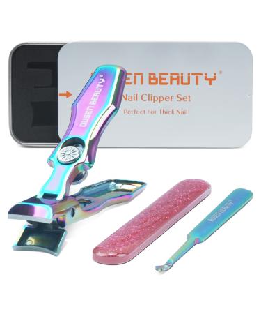 Nail Clippers for Thick Nails Toenail Clippers Wide Jaw Opening Heavy Duty Nail Cutter with Catcher No Splash Fingernail Clipper with Glass File Thick Toe Nail Clippers for Men Women Adult Seniors Chromatic (Clipper + File + Fork)