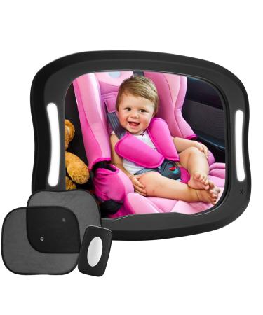 FITNATE LED Baby Car Mirror Safety Infant in Backseat 360 Adjustable Light Up Mirror for Baby Rear with Best Newborn Secure 4 Sturdy Strips Remote Control and 2 Car Sun Visors M-19.91cm