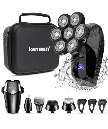 7D Head Shaver, KENSEN 5 in 1 Bald Head Shavers for Men, USB Rechargeable LED Display Electric Razor, Waterproof Wet/Dry Mens Grooming Kit with Beard Clippers Nose Trimmer Black