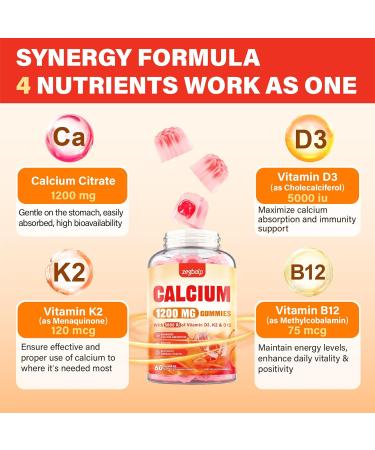Calcium 1200 mg with Vitamin D3 Supplement for Adults - Calcium Gummies with Vitamin D3 5000IU, K2, B12 for Women Men - Extra Absorption Calcium Citrate - Natural Strawberry Flavor, 120 Gummies Strawberry 60 Count (Pack of 2) - Buy Online on GoSupps.com