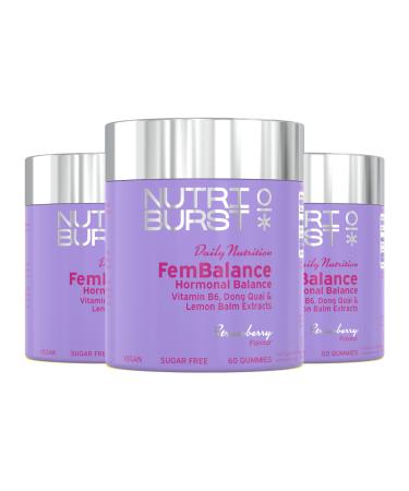 Nutriburst - FemBalance Hormone Balance for Women - Vegan Vitamin B6 Lemon Balm + Dong Quai - Regulate Hormones Support Nervous System + Reduce Tiredness - 3 x 60 Gummies / 3 Month Supply 180 Count (Pack of 1) Fembalance - Hormone Support