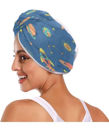 Outer Space Rocket Dry Hair Cap - 2 Piece Quick Drying Towel Set | Super Absorbent Soft & Comfortable with Button Headband - Buy Online on GoSupps.com