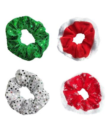Christmas Hair Accessories Bobbles Glitter Sequin Xmas Scrunchies Elastic Ponytail Holder for Girls Women Bands Red+Green Hair Scrunchie Cute Premium Kids And Adults Wearable Tiara Tinsel (4PSC)