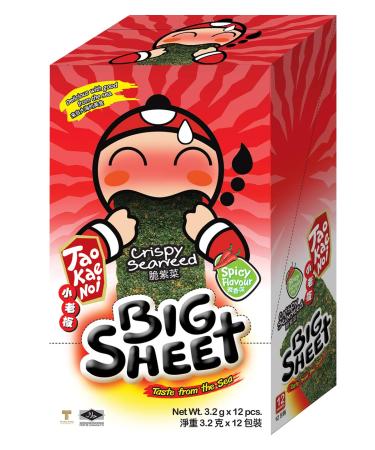 Big Crispy Seaweed Snack Sheets by Tao Kae Noi | Spicy Thai Seaweed Chip | Healthy Nori Snacks for Kids and Adults | 12 Individually Wrapped Sheets per Box, 3.2g each