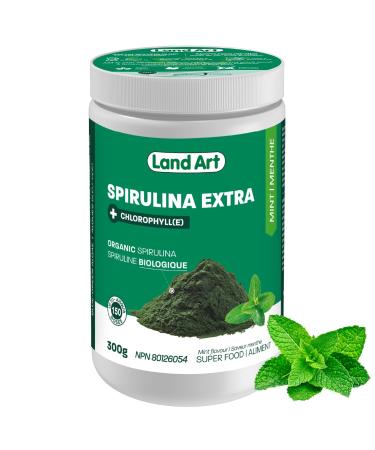 Certified Organic Fresh Spirulina Extra Powder 300g - Improved with Bioavailable Chlorophyll Added - Mint flavoured - Clean Source - 3rd party tested - Measuring Spoon Inside - Made in Canada