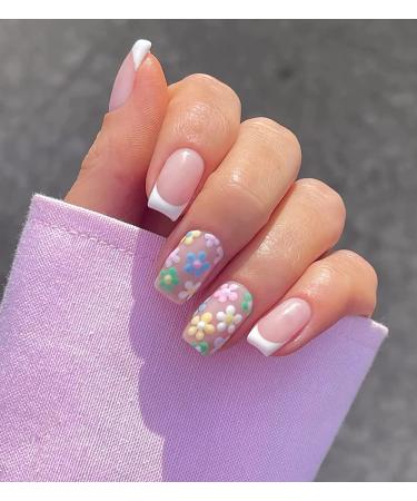 24 Pcs Pink Flower French Acrylic Press on Nails for Women | Short/Medium Glue on Fake Nails with Glue - Buy Online on GoSupps.com