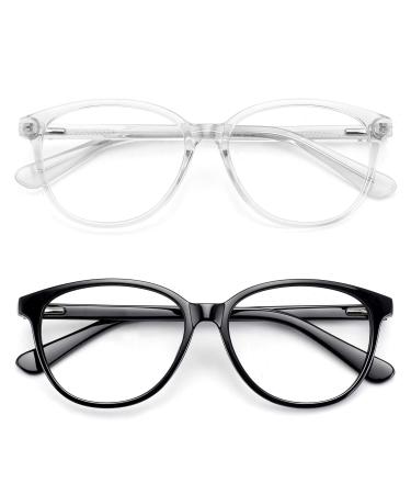 Blue Light Blocking Glasses for Women Round Non-prescription Glasses Frame Clear Lens Fake Glasses 2 Pack Black+clear1