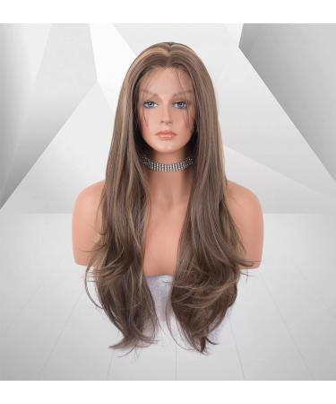 Vebonny 22-Inch Dark Brown & Blonde Highlights Lace Front Wig - Synthetic Straight Wig #097 - Buy Online on GoSupps.com