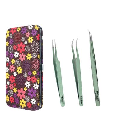 Metaleks 3Pcs Eyelash Extension Tweezers Made In Surgical Stainless Steel With Magnetic Kit. (Light Green Powder Coated 4) Light Green Powder Coated 1