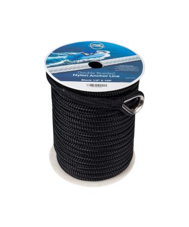 Double Braided Nylon Anchor Line with Stainless Thimble Black 1/2-Inch x 100-Feet