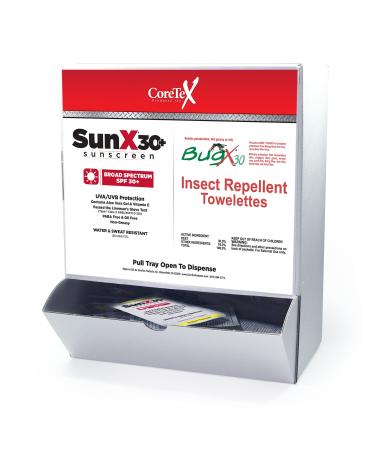CoreTex SunX SPF 30+ Lotion Pouch (25 Each) & BugX 30 Insect Repellent Towelettes (25 Each) Combo Wallmount Box
