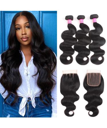 Body Wave Bundles with Closure (10 12 14+10) Brazilian Human Hair 3 Bundles with 4x4 Lace Closure Virgin Hair 12A Unprocessed Human Hair Extensions Weave Weft With Closure Natural Color 10/12/14+10 Inch Body Bundles with C…