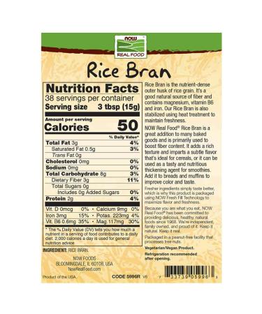 Now Foods Real Food Stabilized Rice Bran 20 oz (567 g) - Buy Online on GoSupps.com