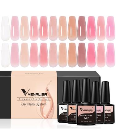 VENALISA 3 in 1 Rubber Base Gel For Nails 12 Colors Jelly Gel Nail Polish Set Nude Pink Neutral Transparent Milky White Sheer Pink Gel Polish Strengthener Kit 12Pcs-Rubber Base
