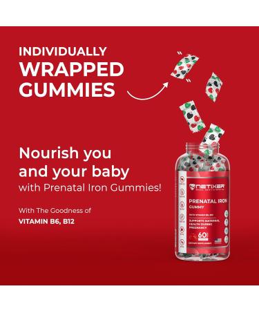NETIXER Prenatal Iron Gummies 60 Vegan Gummies | Iron 30 mg Folic Acid 400 mcg Vitamin B6 & B12 | Pregnancy Vitamins for Women | Gelatin-Free Gluten-Free | Individually Wrapped Strawberry Flavor - Buy Online on GoSupps.com