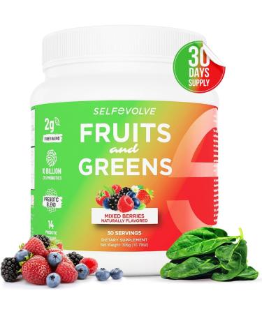 selfevolve Fruits and Greens Organic Probiotic Powder: 30 Servings for Men & Women. Vegan with 10 Billion CFUs Spirulina Kale Spinach Chlorella Elderberry Digestive Enzymes - Probiotics